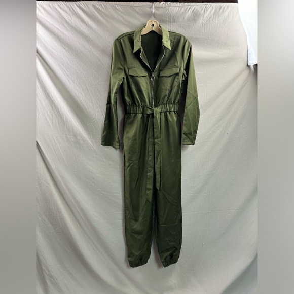 Army Green Zip Front Belted Jumpsuit - Picture 5 of 5